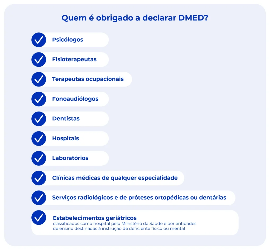 Perdeu o prazo para declarar a DMED? Saiba o que fazer! 2 Lista de profissionais e estabelecimentos de saúde obrigados a fazer a declaração DMED.