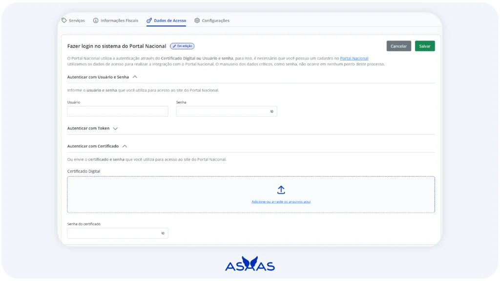 Processo de emissão de nota fiscal pelo portal nacional no Asaas.